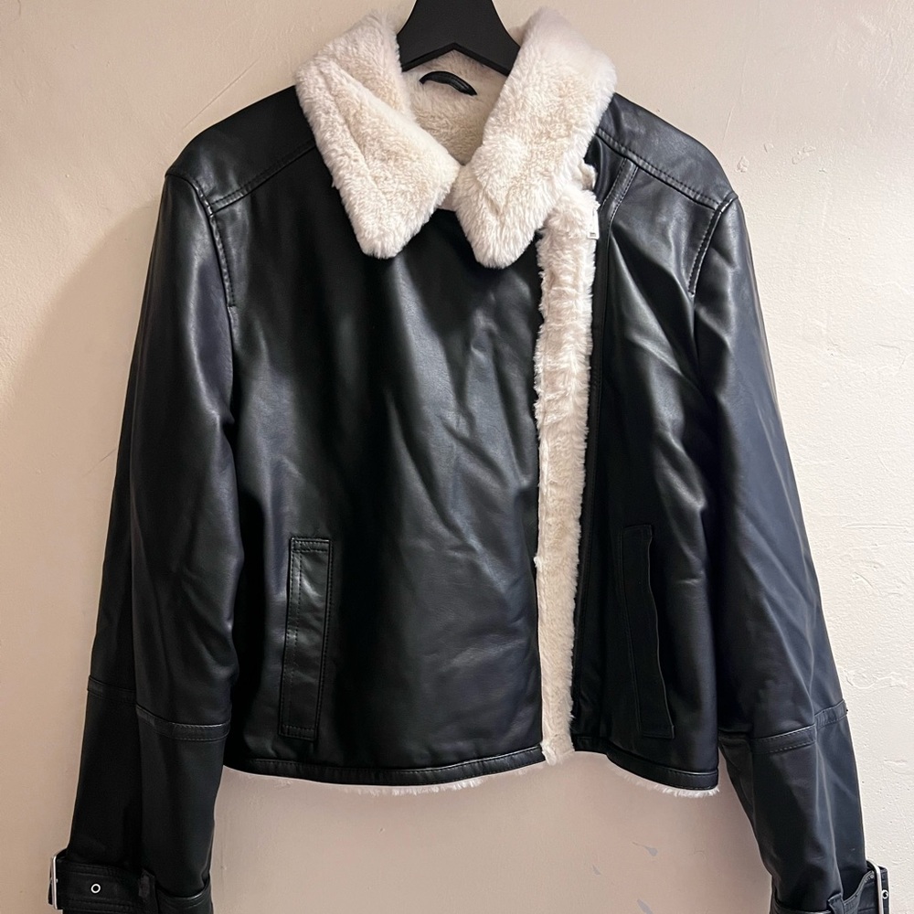 Hollister Black Faux Leather Jacket with Faux Fur Cream Lining